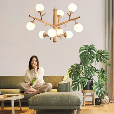 9-Light Chandelier Lighting Modernist Style Globe Shape Wood Suspension Light