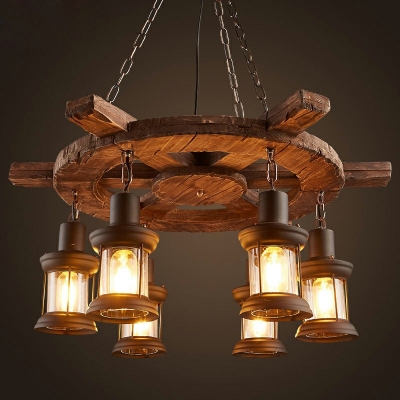 6 Lights Nautical Lantern Ceiling Lamp Iron and Glass Chandelier Lighting Fixtures