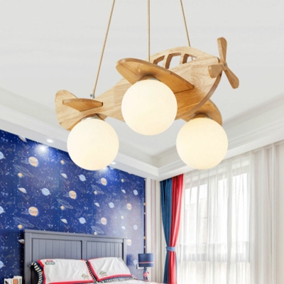Airplane Shade Hanging Chandelier Wood 3 Lights Modern Chandelier Pendant Light for Bedroom