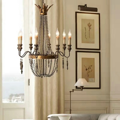 French Retro Hanging Light Wooden Beads Chandelier for Living Room Dining Room Bedroom
