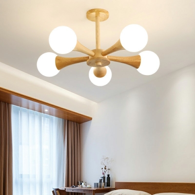 Modern Style LED Chandelier Light 5 Lights Nordic Style Wood Glass Pendant Light for Bedroom