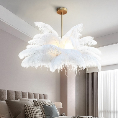White Feather Chandelier Lighting Fixtures Modern 3 Lights Bedroom Hanging Chandelier
