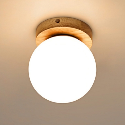 1-Light Flush Light Minimalist Style Ball Shape Wood Ceiling Mount Chandelier