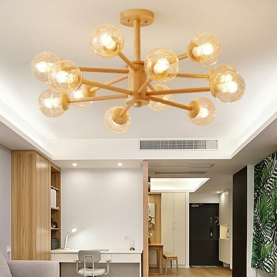 Modern Chandelier 12 Head Wood Material Hanging Lamps for Living Room Bedroom