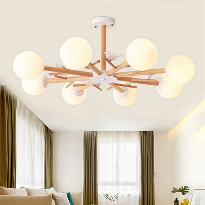 Modern Chandelier Lighting Fixtures Wood and Globe Glass 8 Lights Contemporary Chandeliers for Living Room