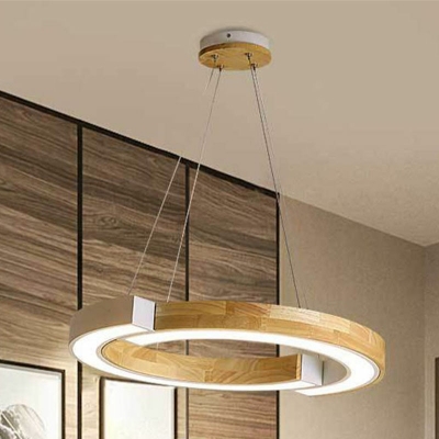 2 Lights Round Chandelier Lighting Fixtures Modern Wood Dinning Room Hanging Chandelier
