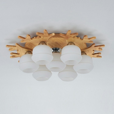 7-Light Flush Mount Lighting Minimalist Style Round Shape Wood Ceiling Light Fixture