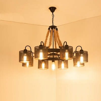 9 Lights Nautical Ceiling Lamp ​Rope and Iron Chandelier Lighting Fixtures