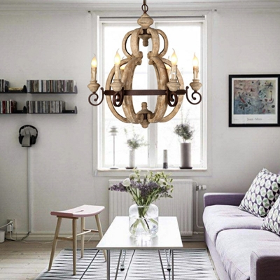 French Retro Chandelier Wood Hanging Pendant Light for Bedroom Living Room