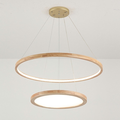 2 Lights Round Shade Hanging Light Modern Style Woodiness Pendant Light for Living Room