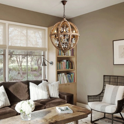 French Retro Chandelier Wood Pendant Light Fixture for Bedroom Living Room