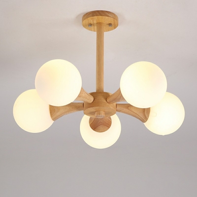 5 Lights Contemporary Sputnik Light Fixture Natural Wood Chandelier Lighting Fixture