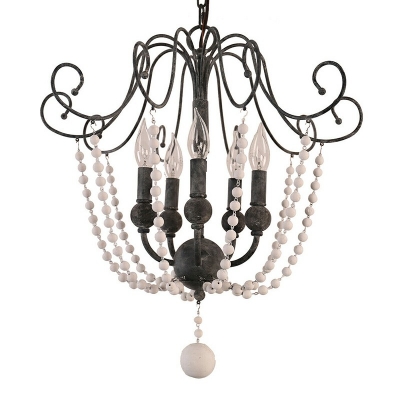 French Retro Pendant Light Fixture Wooden Beads Chandelier for Bedroom Dining Room