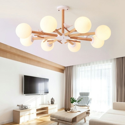 Modern Chandelier Lighting Fixtures Wood and Globe Glass 8 Lights Contemporary Chandeliers for Living Room