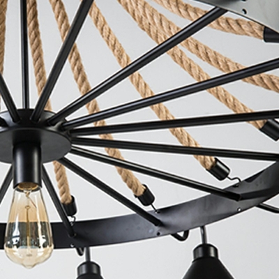 17 Lights Nautical Cone Ceiling Lamp ​Rope and Iron Chandelier Lighting Fixtures in Black