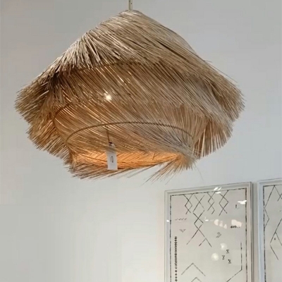 Chinese 3 Light Woven Shade Solid Hanging Light Modern Wood Dinning Room Pendants Light