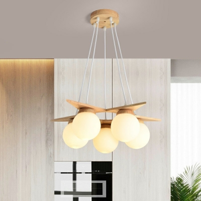 5-Light Chandelier Light Fixture Modern Style Sphere Shape Wood Hanging Ceiling Light