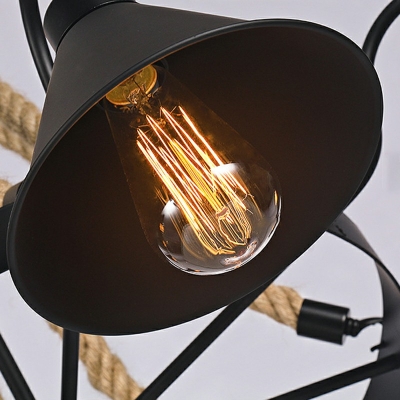 8 Lights Industrial Cone Pendant Light Coastal Rope and Steel Hanging Light Fixtures