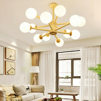Modern Style LED Chandelier Light 12 Lights Nordic Style Wood Glass Pendant Light for Living Room