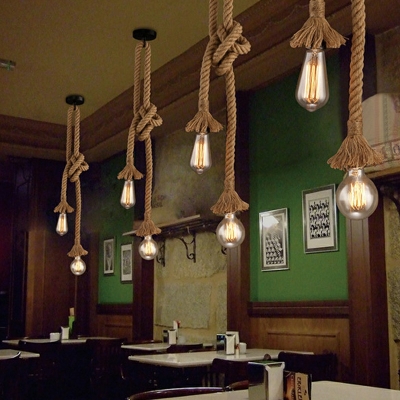 2-Light Pendant Lamp Industrial Style Bare Bulb Shape Rope Multiple Hanging Lights