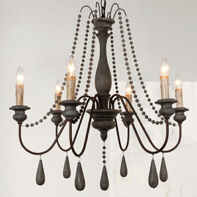French Retro Style Chandelier Wood Vintage Hanging Light for Bedroom Dining Room
