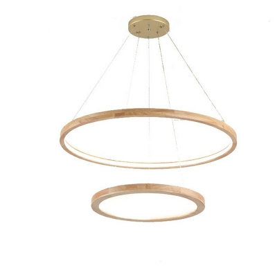 2 Lights Round Shade Hanging Light Modern Style Woodiness Pendant Light for Living Room