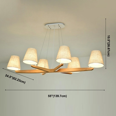 6 Lights Wood and Fabric Chandelier Lighting Fixture Linear Living Room Ceiling Pendant Light
