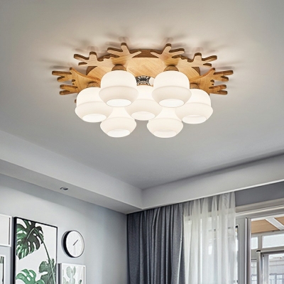 7-Light Flush Mount Lighting Minimalist Style Round Shape Wood Ceiling Light Fixture