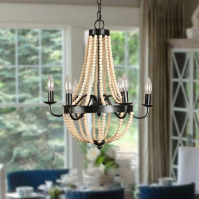 French Style Pendant Lighting Fixture Wooden Beads Chandelier for Living Room Dining Room