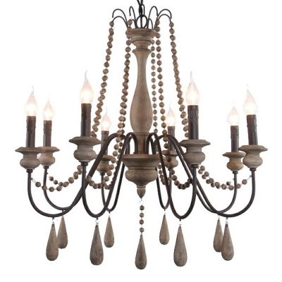 French Retro Pendant Light Fixture Wooden Beads Chandelier for Living Room Dining Room