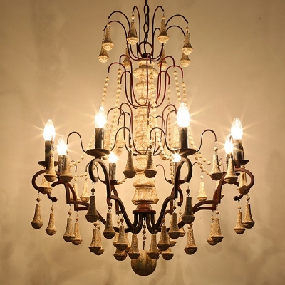 French Retro Chandelier Wood Hanging Chandelier for Bedroom Dining Room Living Room
