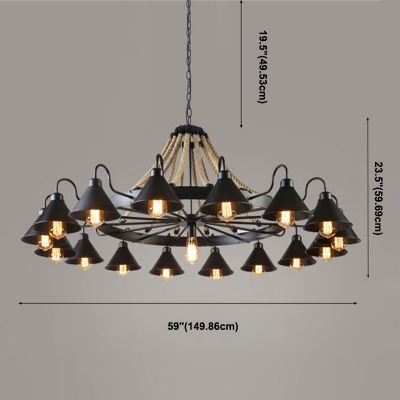 17 Lights Nautical Cone Ceiling Lamp ​Rope and Iron Chandelier Lighting Fixtures in Black