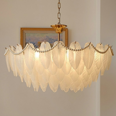 6 Lights Feather Shade Hanging Light Modern Style Glass Pendant Light for Living Room