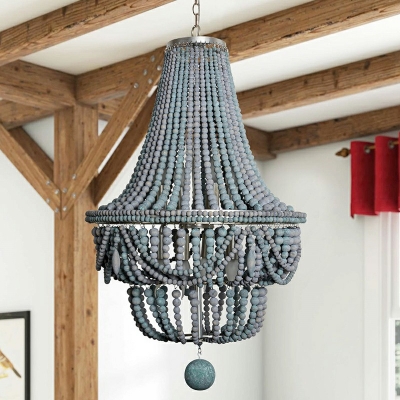 French Style Pendant Lighting Fixture Wooden Beads Chandelier for Bedroom