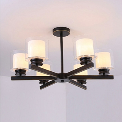 6 Lights Cylindrical Shade Hanging Light Modern Style Glass Pendant Light for Living Room