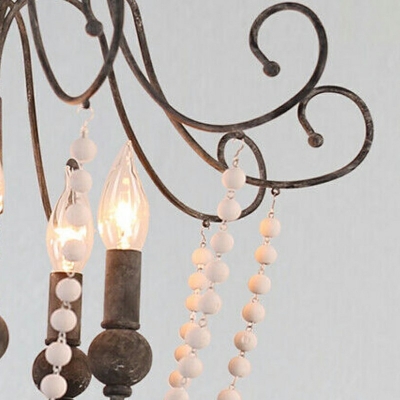 French Retro Pendant Light Fixture Wooden Beads Chandelier for Bedroom Dining Room