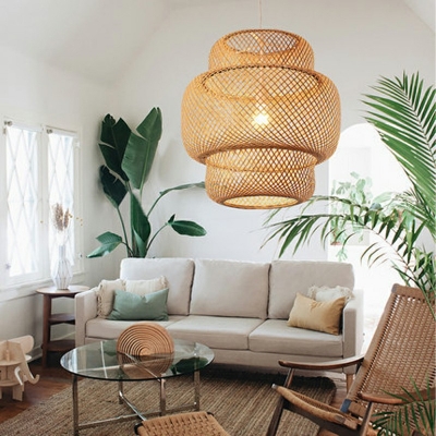 Handcrafted 1 Light Asian Modern Pendants Light Fixtures Wood Dinning Room Hanging Ceiling Light