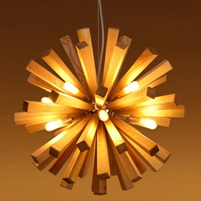 10-Light Suspension Pendant Light Modernist Style Sputnik Shape Wood Hanging Chandelier