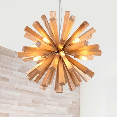 10-Light Suspension Pendant Light Modernist Style Sputnik Shape Wood Hanging Chandelier