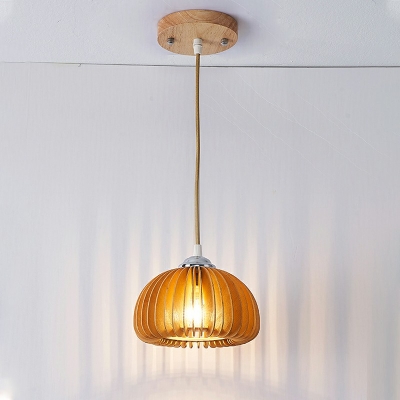 1-Light Suspension Pendant Light Minimal Style Globe Shape Wood Ceiling Lamp