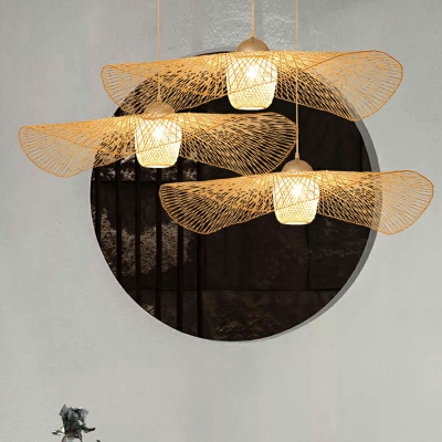 1-Light Ceiling Pendant Light Asian Style Hat Shape Rattan Suspension Lamp