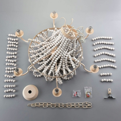 French Retro Hanging Light Wooden Beads Chandelier for Living Room Bedroom