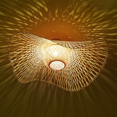 Yellow Flushmount Hat Shade Modern Style Bamboo Flush Mount Ceiling Light for Dining Room