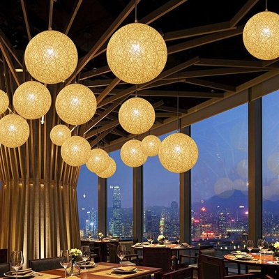1-Light Hanging Ceiling Light Asian Style Globe Shape Rattan Pendant Lighting