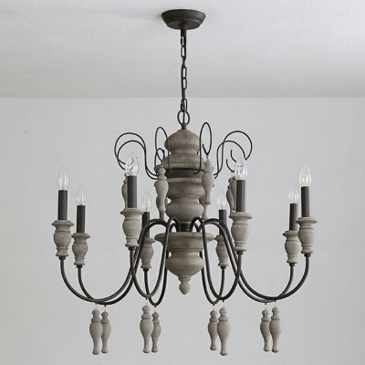 French Style Hanging Ceiling Light Wooden Beads 8 Light Chandelier for Bedroom