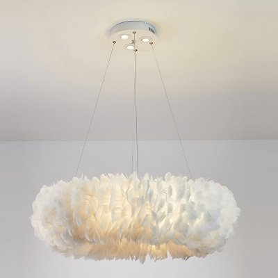 White Hanging Lamp Round Shade  Modern Style Feather Pendant Light for Living Room
