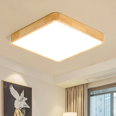 1 Light Square Shade Flush Light Modern Style Wood Led Flush Light for Living Room