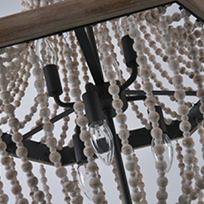 French Retro Hanging Light Wooden Beads 6 Light Chandelier for Living Room Bedroom