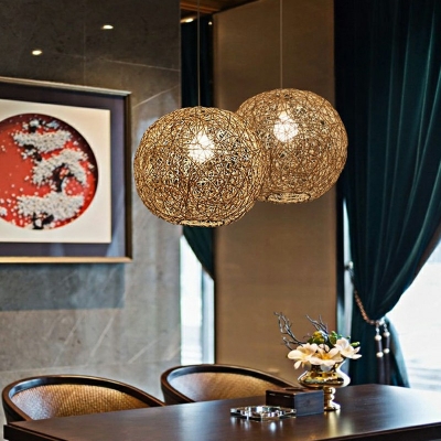 1-Light Hanging Ceiling Light Asian Style Globe Shape Rattan Pendant Lighting