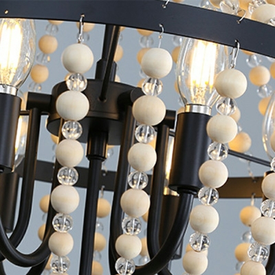 French 6 Light Retro Pendant Light Fixture Wooden Beads Chandelier for Bedroom